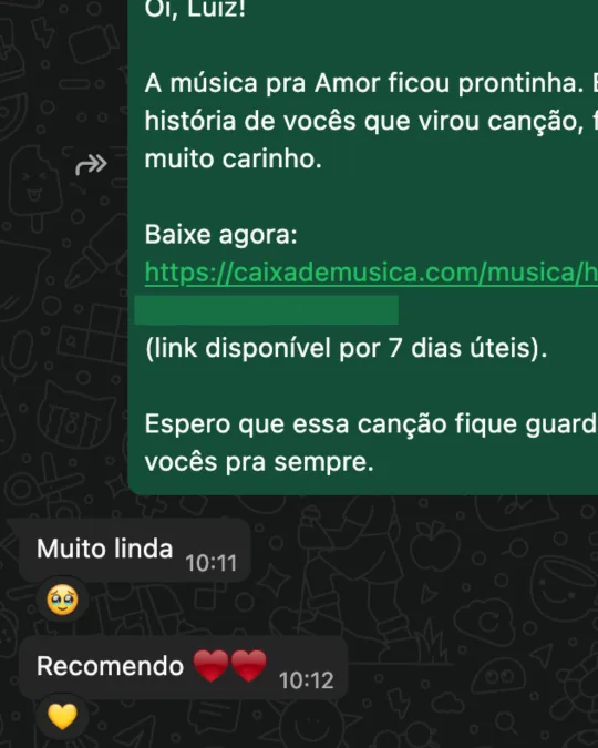 Cliente no WhatsApp: "Muito linda, Recomendo"