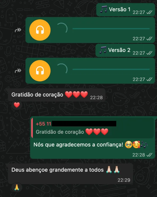 Cliente no WhatsApp: "Gratidão de coração" encaminhada para outros contatos