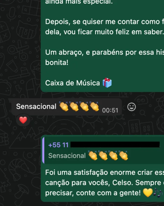 Cliente no WhatsApp: "Sensacional" com palmas